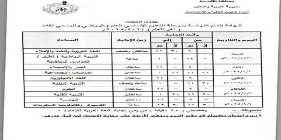 القليوبية
      تعلن
      جدول
      امتحانات
      الشهادة
      الإعدادية
      آخر
      العام
      2025..
      تبدأ
      31
      مايو - تكنو بلس