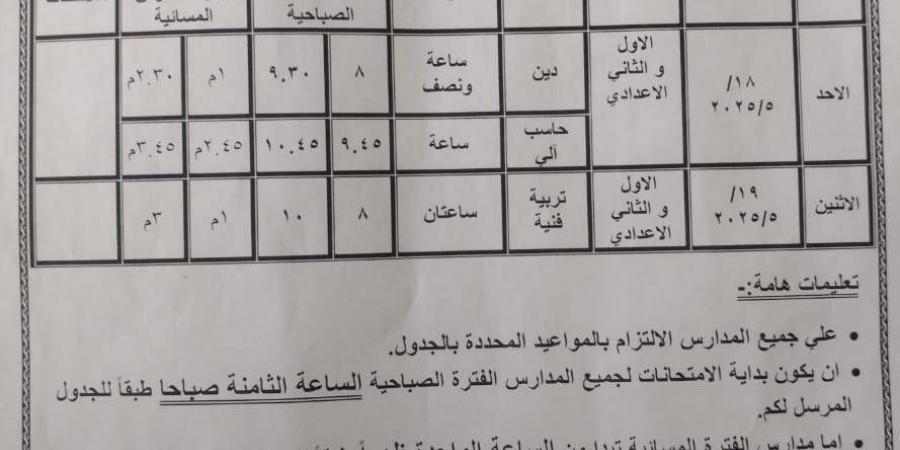 موعد امتحانات المواد غير المضافة للمجموع للصفين الأول والثاني الإعدادي بسوهاج